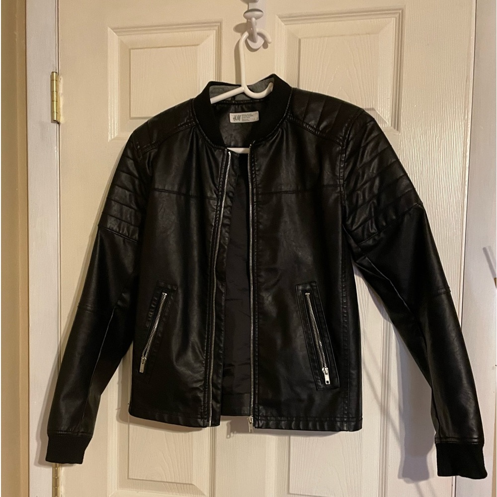 Boys Faux Leather Black Jacket with Hood